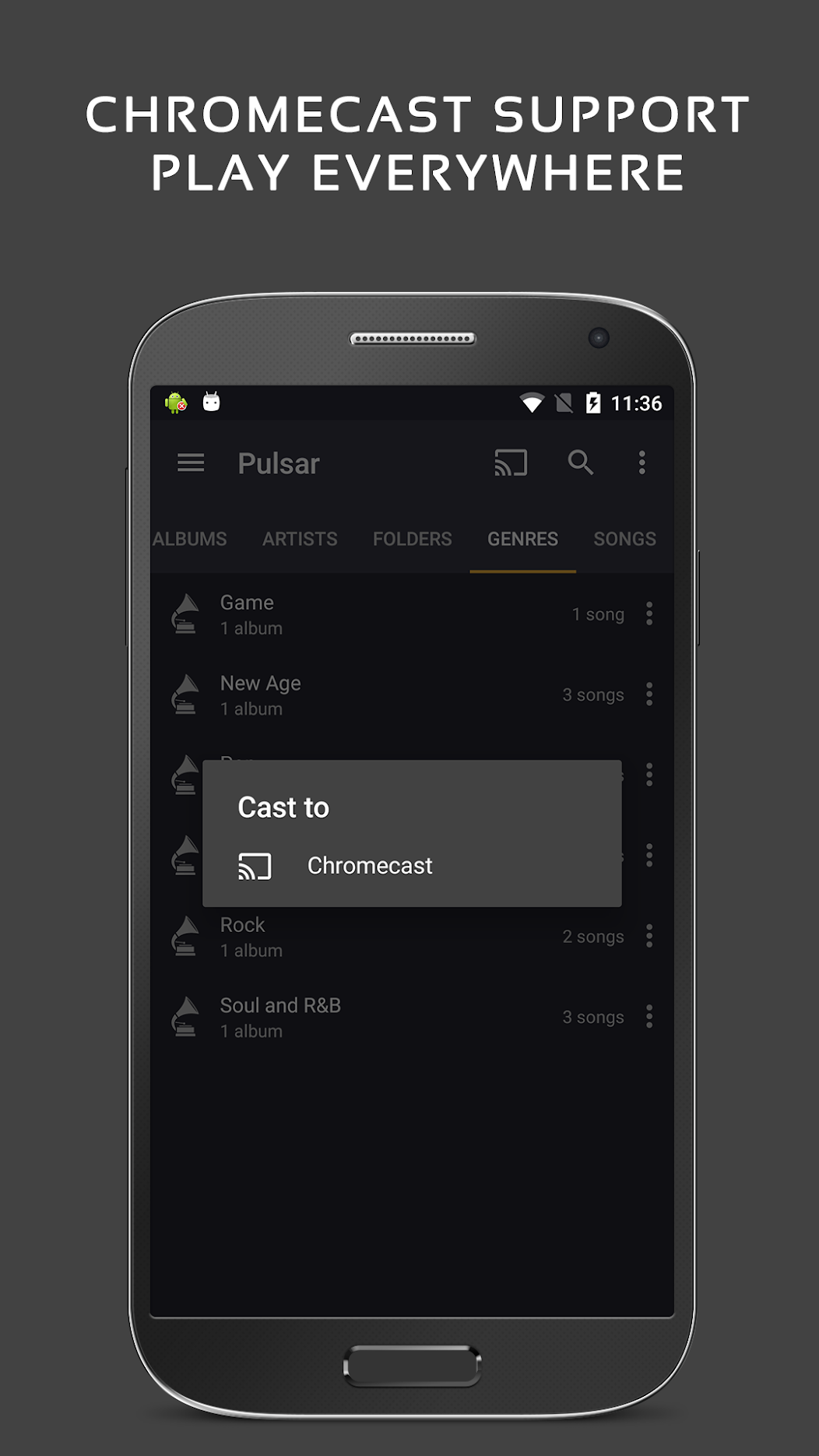 投屏对话框列出了可用的 Chromecast 设备